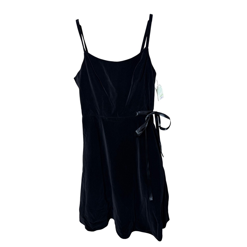 Moods Black Velvet Midi Dress Spaghetti Strap Ribbon Tie Size 14 NWT